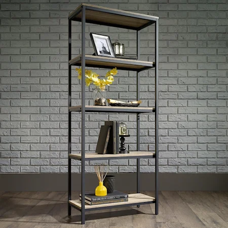 Metal Tall Bookcase with Rustic-Look Shelves